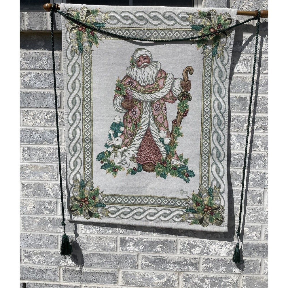 Fitz & Floyd Father Christmas Santa Tapestry Wall Hanging, Tassel, Wood Rod READ